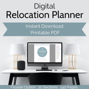 An apple desktop computer on a desk with the planner loaded on screen, with a gold and white lamp on each side. The text "Digital Relocation Planner. Instant Download. Printable PDF. Fillable Option. 10 Sections. 140 Pages" is written on the photo.